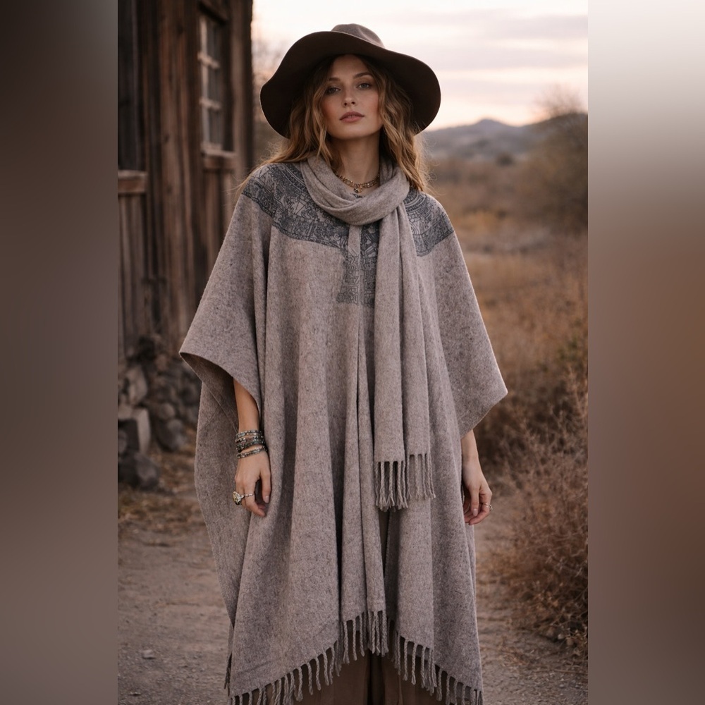 Vintage 1980s Womens Wool Blanket Cape O/S Aztec South American Art Print Boho
